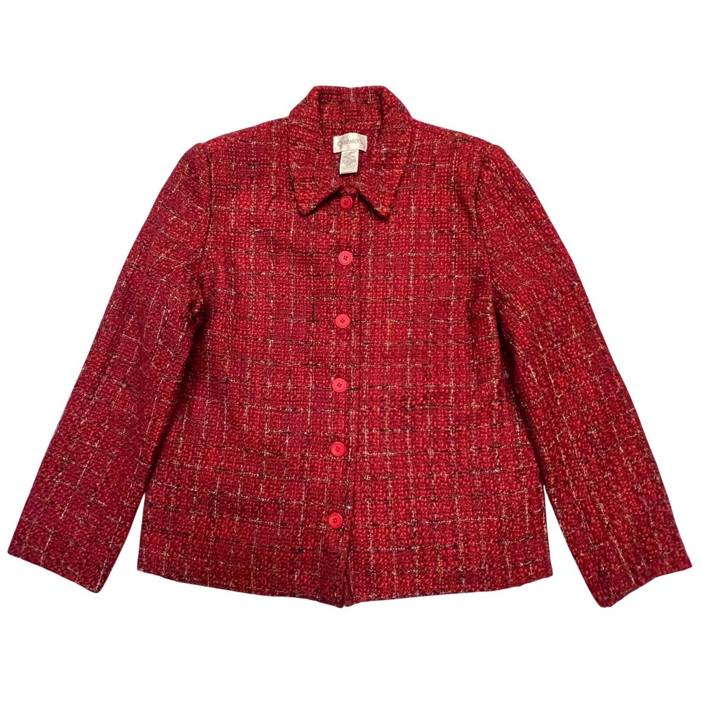 Chadwicks Red Pink Plaid Tweed Wool Blend Preppy Academia Blazer Size 14